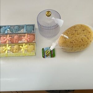 Elegant Bath Accessory Set with Blue, Pink, and Yellow Soaps